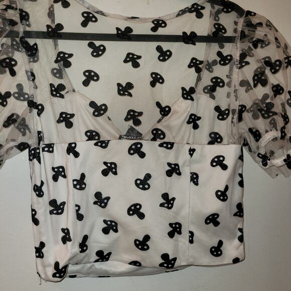 NWT Mushroom Glitter Mesh Womens Top Puff Sleeve Hot Topic Size M Sheer Groovy - Picture 5 of 8
